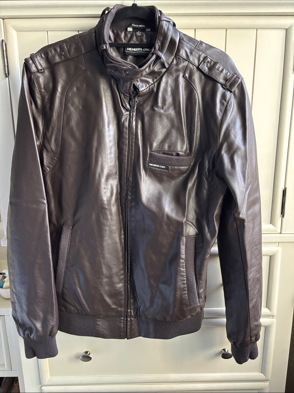 Members Only Dark Brown Faux Leather Bomber Jacket